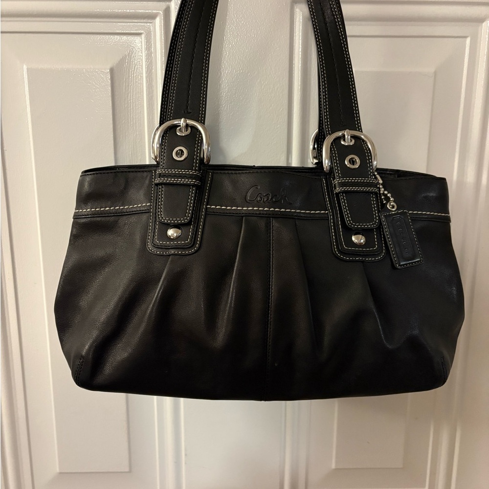 Coach Black Leather Pleated Shoulder Bag with Silver Hardware